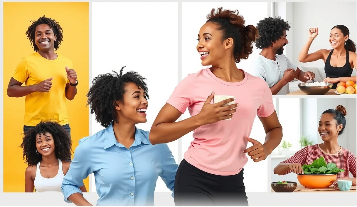 Collage of diverse, happy people enjoying healthy activities
